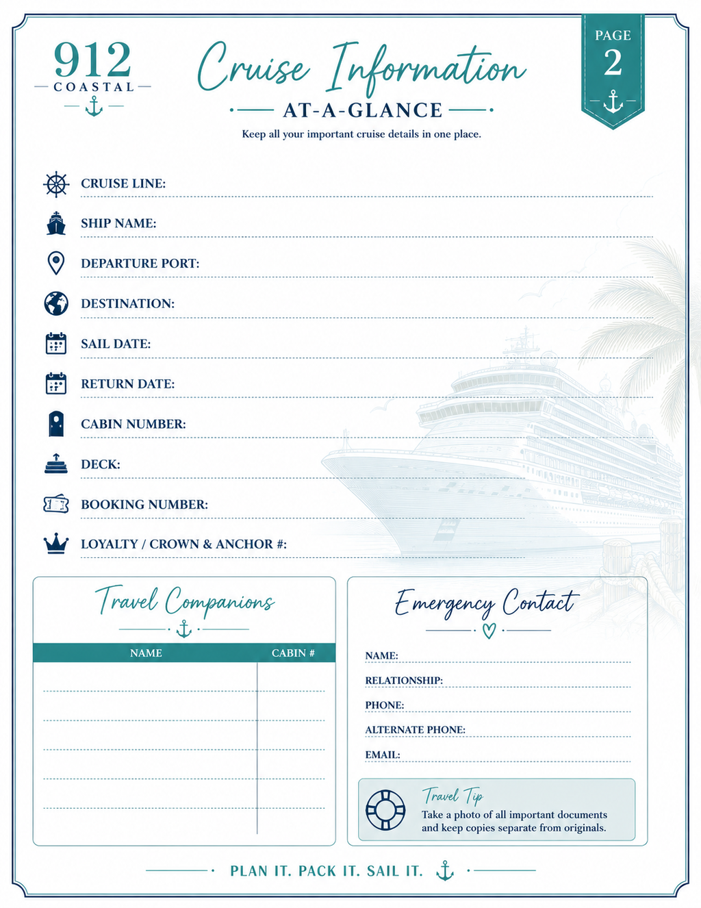 912 Coastal Cruise Planner | Printable Cruise Travel Planner PDF | Cruise Checklist, Packing List, Budget & Excursion Planner | Instant Download