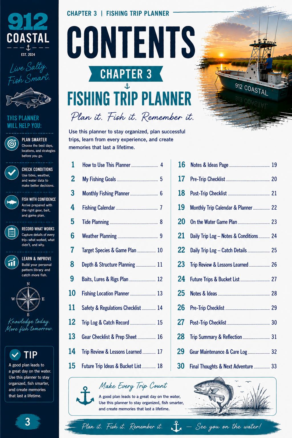 912 Coastal Fishing Trip Planner | 30-Page Inshore Saltwater Fishing Planner