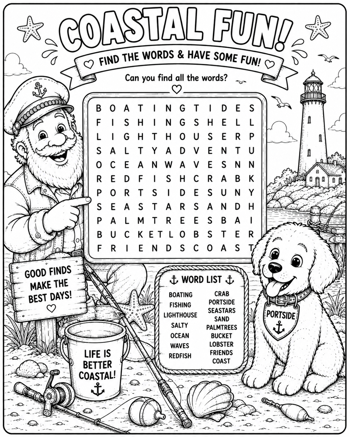 Captain Salty’s Coastal Adventures Coloring Book for Kids | 50+ Pages of Fishing, Boating & Beach Fun | 912 Coastal Kids Activity Book