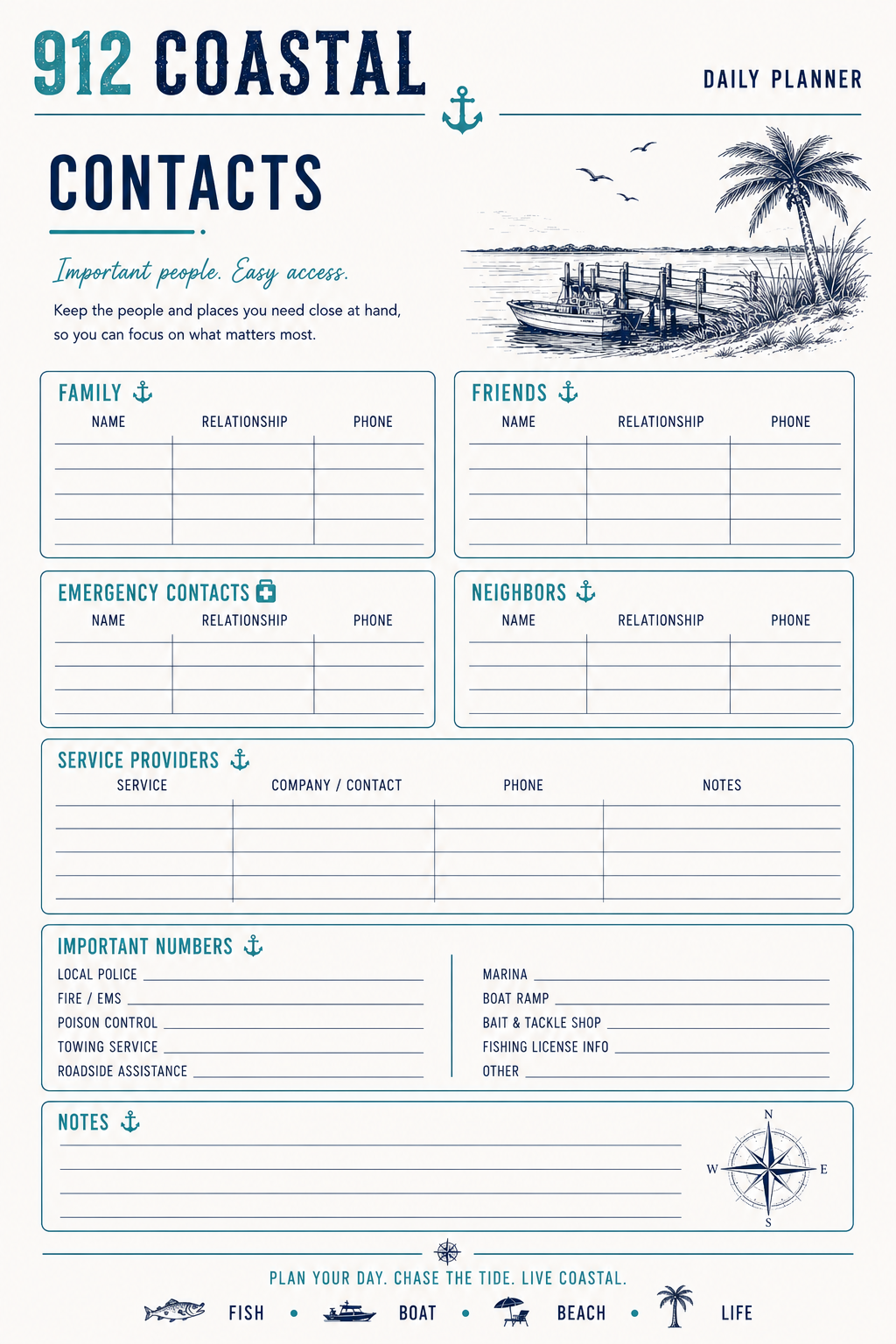 912 Coastal Daily Planner | Printable Coastal Life Planner | Fishing, Boating & Everyday Planner