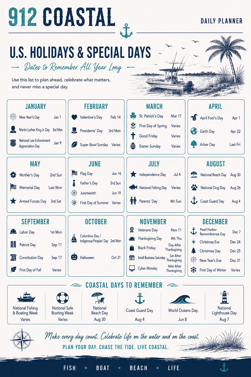 912 Coastal Daily Planner | Printable Coastal Life Planner | Fishing, Boating & Everyday Planner