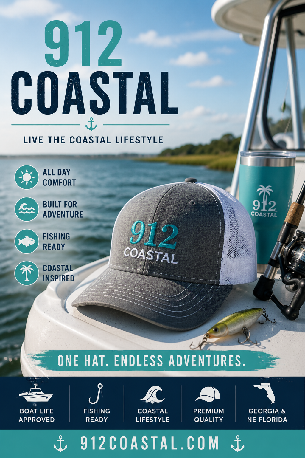912 Coastal Embroidered Trucker Hat | Fishing & Coastal Lifestyle Cap (Grey/White)