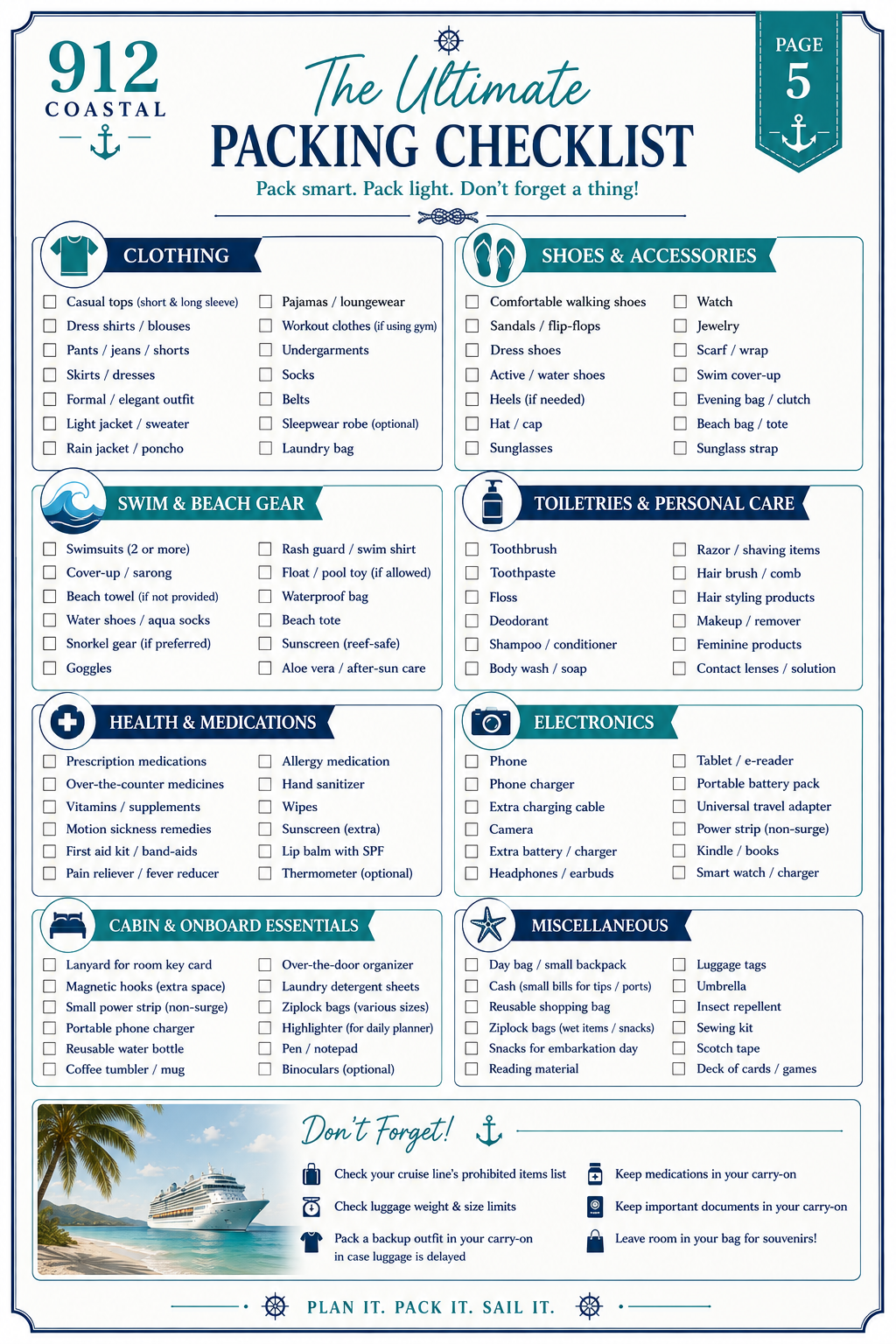 912 Coastal Cruise Planner | Printable Cruise Travel Planner PDF | Cruise Checklist, Packing List, Budget & Excursion Planner | Instant Download