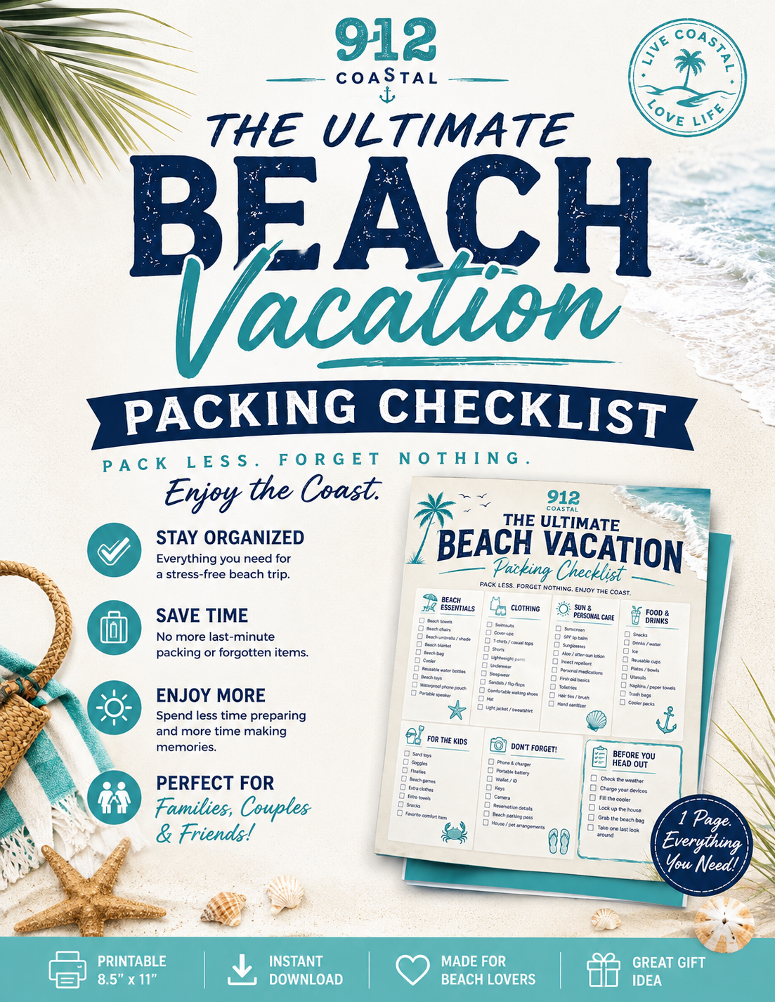 Beach Vacation Packing Checklist Printable | Ultimate Beach Trip Packing List | Family Vacation Planner | Instant Download