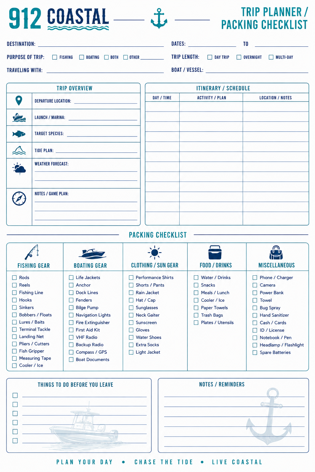 912 Coastal Daily Planner | Printable Coastal Life Planner | Fishing, Boating & Everyday Planner
