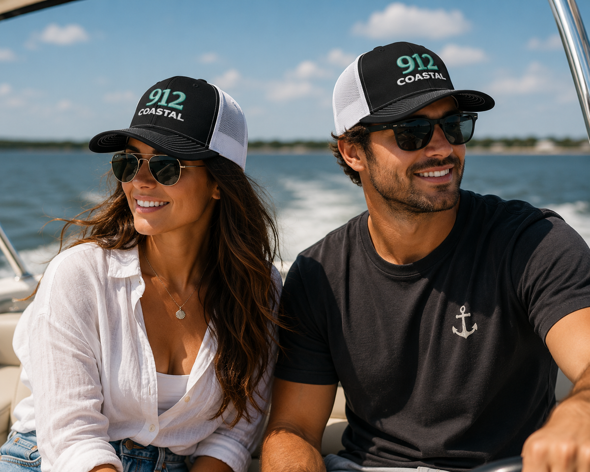 912 Coastal Embroidered Trucker Hat (Black/white)