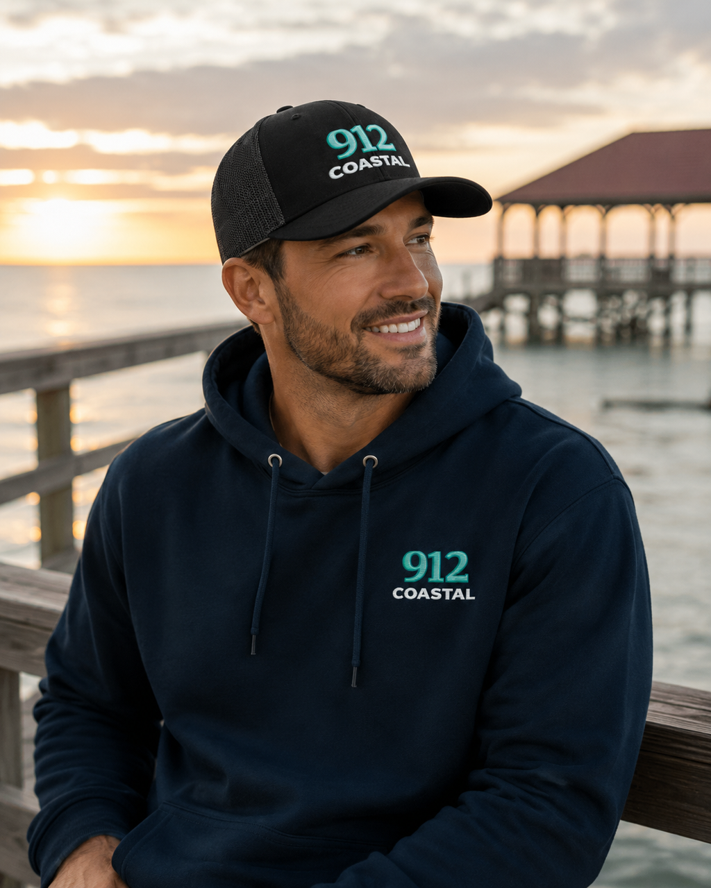 912 Coastal Embroidered Trucker Hat (Black)