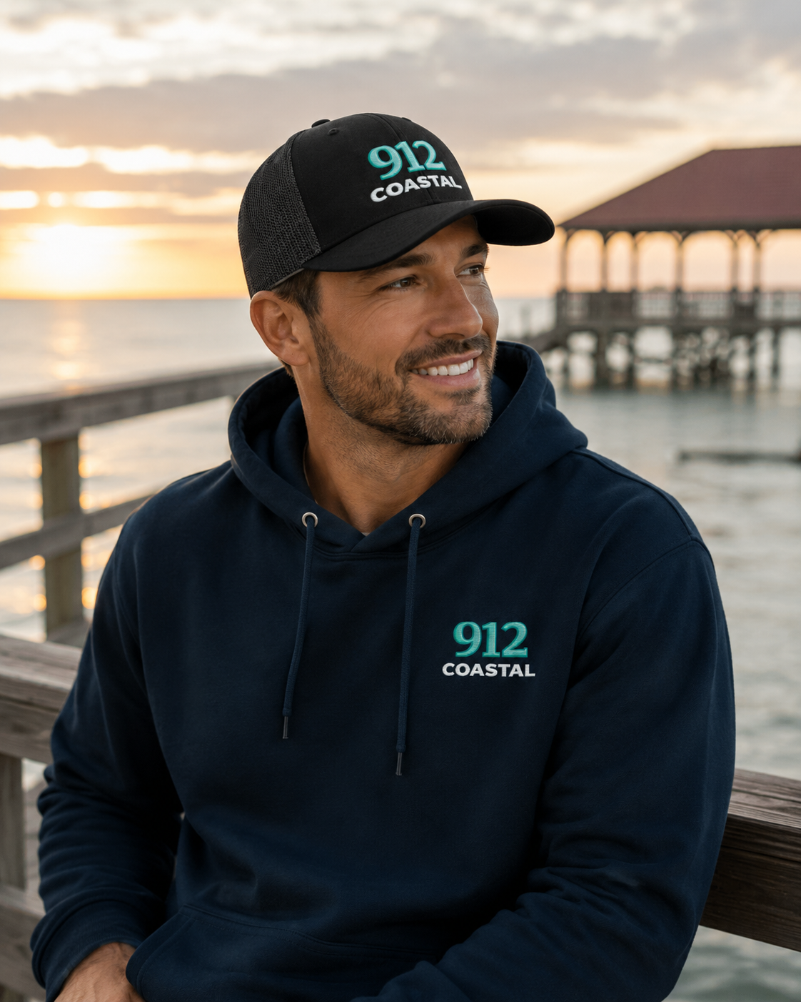 912 Coastal Embroidered Trucker Hat (Black)