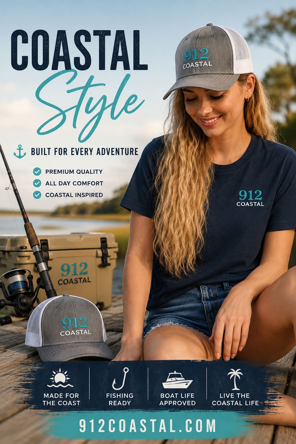 912 Coastal Embroidered Trucker Hat | Fishing & Coastal Lifestyle Cap (Grey/White)
